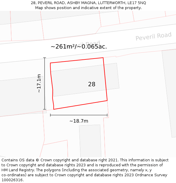 28, PEVERIL ROAD, ASHBY MAGNA, LUTTERWORTH, LE17 5NQ: Plot and title map