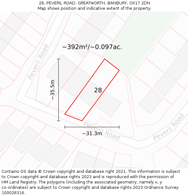 28, PEVERIL ROAD, GREATWORTH, BANBURY, OX17 2DN: Plot and title map