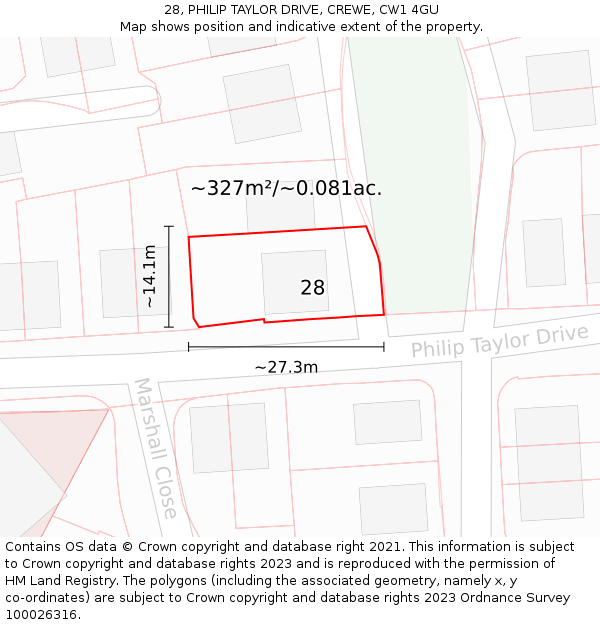 28, PHILIP TAYLOR DRIVE, CREWE, CW1 4GU: Plot and title map