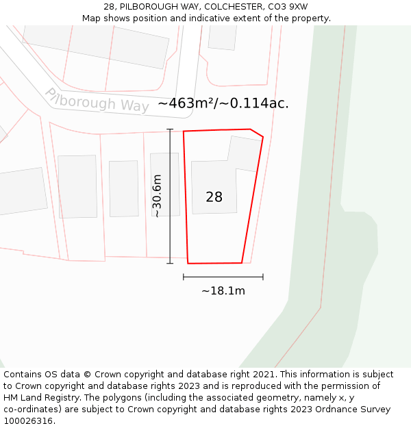 28, PILBOROUGH WAY, COLCHESTER, CO3 9XW: Plot and title map