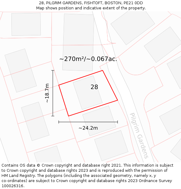 28, PILGRIM GARDENS, FISHTOFT, BOSTON, PE21 0DD: Plot and title map