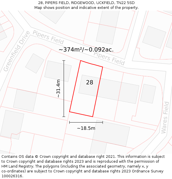 28, PIPERS FIELD, RIDGEWOOD, UCKFIELD, TN22 5SD: Plot and title map
