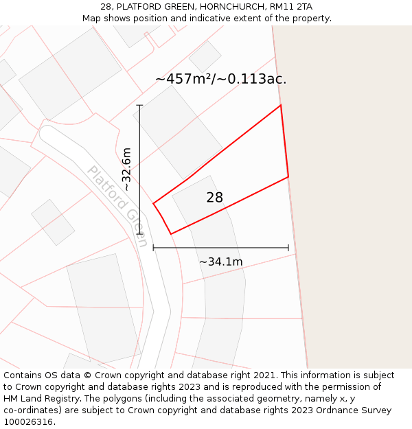 28, PLATFORD GREEN, HORNCHURCH, RM11 2TA: Plot and title map