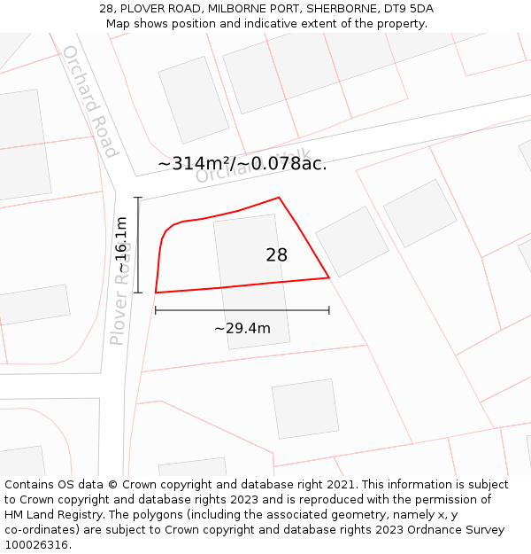 28, PLOVER ROAD, MILBORNE PORT, SHERBORNE, DT9 5DA: Plot and title map