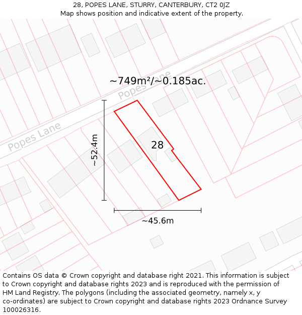 28, POPES LANE, STURRY, CANTERBURY, CT2 0JZ: Plot and title map