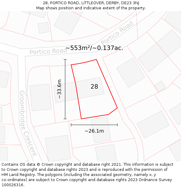 28, PORTICO ROAD, LITTLEOVER, DERBY, DE23 3NJ: Plot and title map