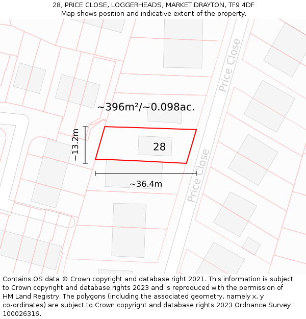 28, PRICE CLOSE, LOGGERHEADS, MARKET DRAYTON, TF9 4DF: Plot and title map