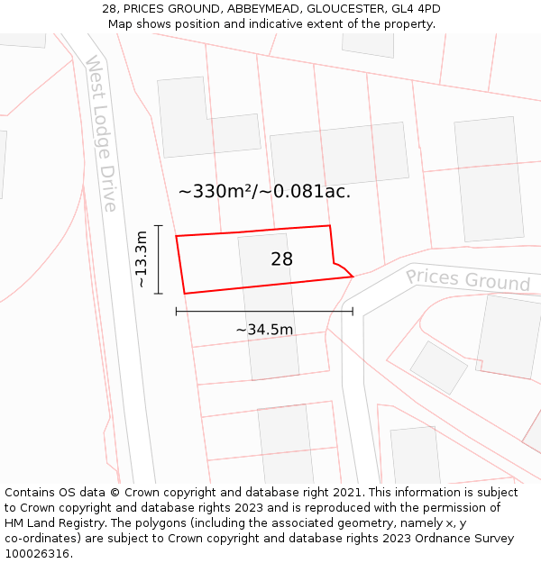 28, PRICES GROUND, ABBEYMEAD, GLOUCESTER, GL4 4PD: Plot and title map