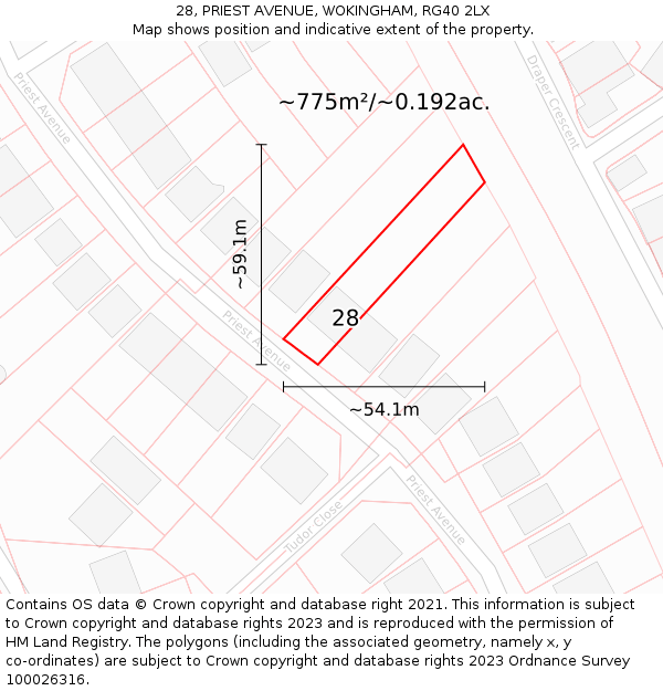 28, PRIEST AVENUE, WOKINGHAM, RG40 2LX: Plot and title map