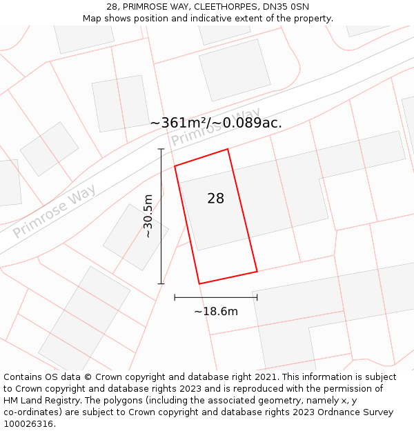 28, PRIMROSE WAY, CLEETHORPES, DN35 0SN: Plot and title map