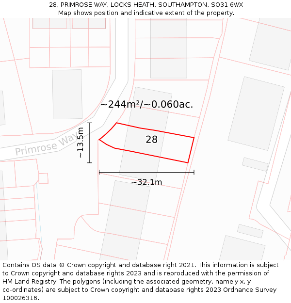 28, PRIMROSE WAY, LOCKS HEATH, SOUTHAMPTON, SO31 6WX: Plot and title map