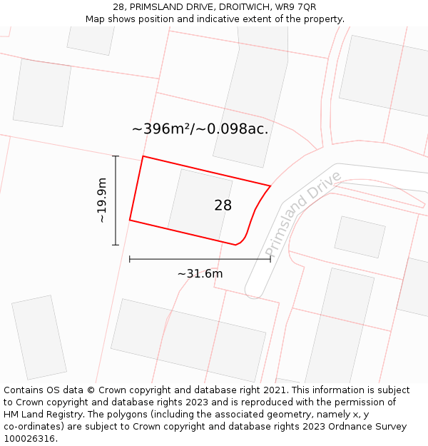 28, PRIMSLAND DRIVE, DROITWICH, WR9 7QR: Plot and title map