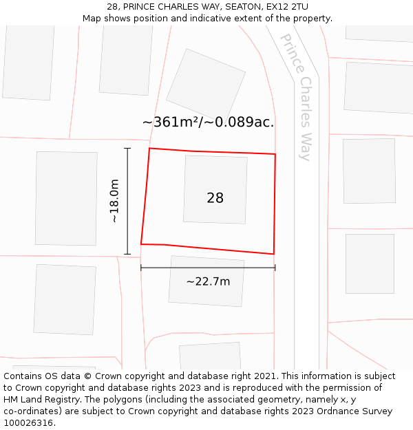 28, PRINCE CHARLES WAY, SEATON, EX12 2TU: Plot and title map