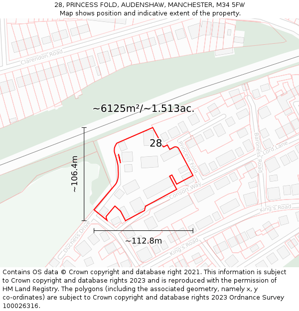 28, PRINCESS FOLD, AUDENSHAW, MANCHESTER, M34 5FW: Plot and title map