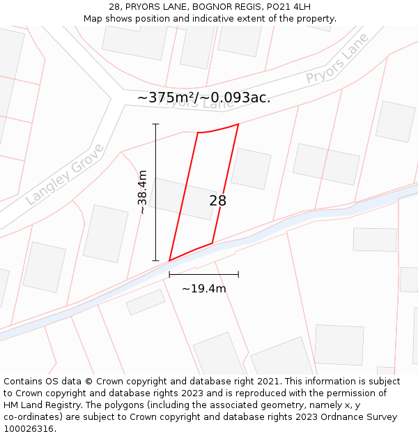 28, PRYORS LANE, BOGNOR REGIS, PO21 4LH: Plot and title map