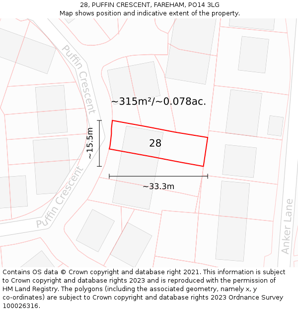 28, PUFFIN CRESCENT, FAREHAM, PO14 3LG: Plot and title map