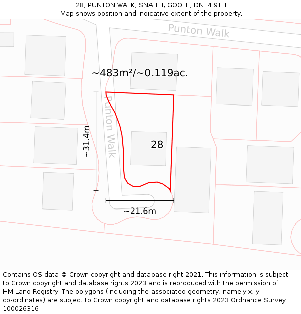 28, PUNTON WALK, SNAITH, GOOLE, DN14 9TH: Plot and title map