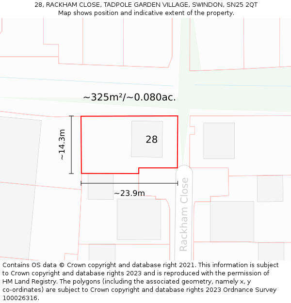 28, RACKHAM CLOSE, TADPOLE GARDEN VILLAGE, SWINDON, SN25 2QT: Plot and title map