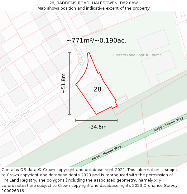 28, RADDENS ROAD, HALESOWEN, B62 0AW: Plot and title map