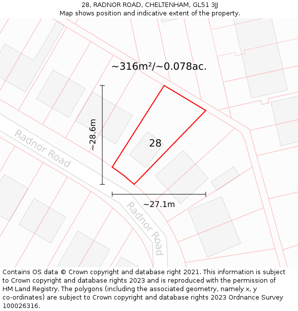 28, RADNOR ROAD, CHELTENHAM, GL51 3JJ: Plot and title map