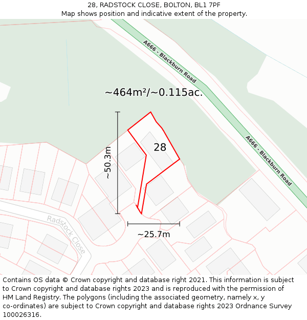 28, RADSTOCK CLOSE, BOLTON, BL1 7PF: Plot and title map