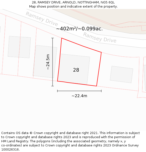 28, RAMSEY DRIVE, ARNOLD, NOTTINGHAM, NG5 6QL: Plot and title map