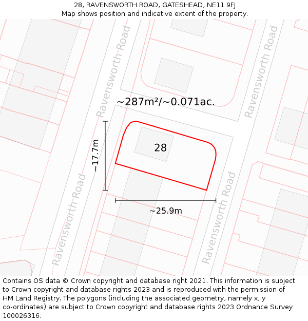 28, RAVENSWORTH ROAD, GATESHEAD, NE11 9FJ: Plot and title map