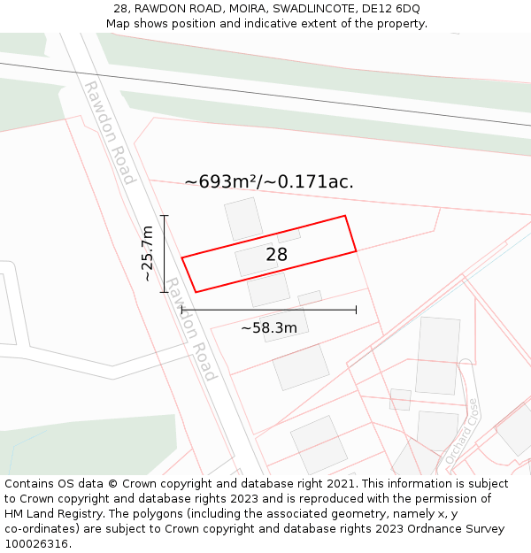 28, RAWDON ROAD, MOIRA, SWADLINCOTE, DE12 6DQ: Plot and title map