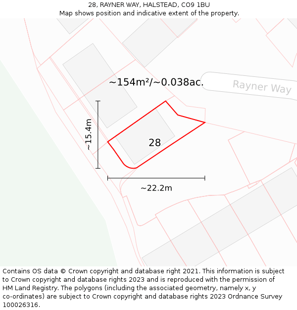 28, RAYNER WAY, HALSTEAD, CO9 1BU: Plot and title map