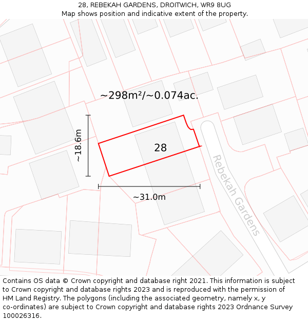 28, REBEKAH GARDENS, DROITWICH, WR9 8UG: Plot and title map