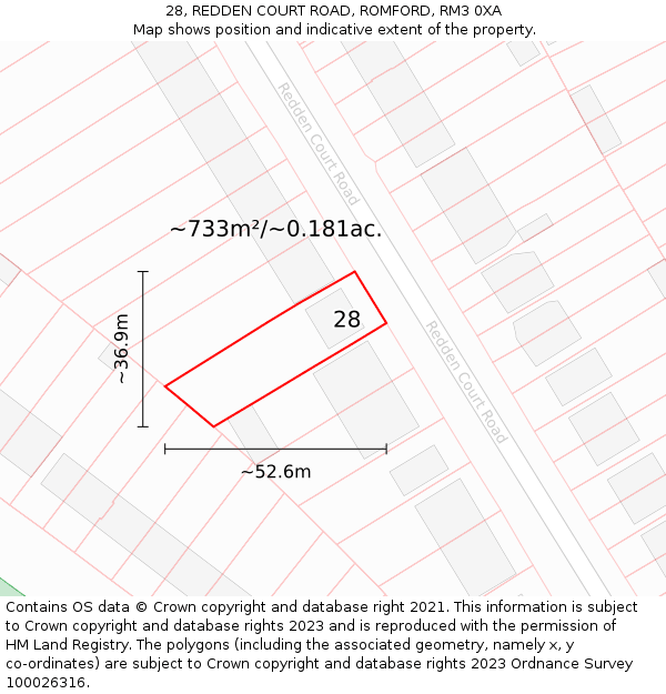 28, REDDEN COURT ROAD, ROMFORD, RM3 0XA: Plot and title map
