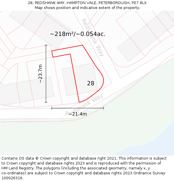 28, REDSHANK WAY, HAMPTON VALE, PETERBOROUGH, PE7 8LX: Plot and title map
