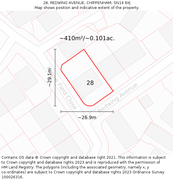 28, REDWING AVENUE, CHIPPENHAM, SN14 6XJ: Plot and title map