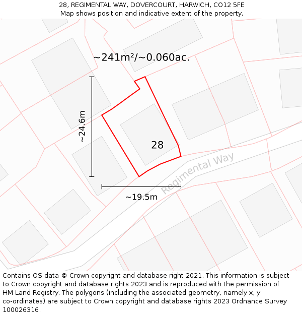 28, REGIMENTAL WAY, DOVERCOURT, HARWICH, CO12 5FE: Plot and title map