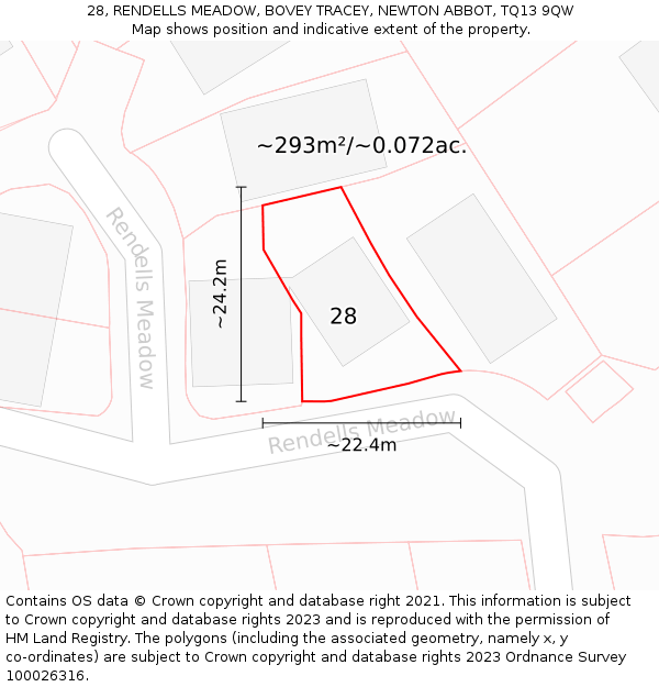 28, RENDELLS MEADOW, BOVEY TRACEY, NEWTON ABBOT, TQ13 9QW: Plot and title map