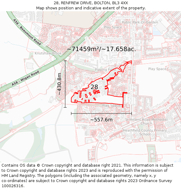 28, RENFREW DRIVE, BOLTON, BL3 4XX: Plot and title map