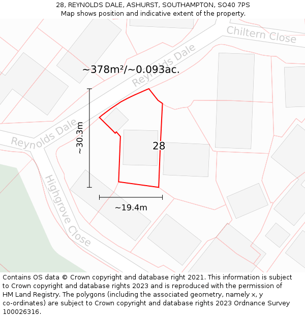 28, REYNOLDS DALE, ASHURST, SOUTHAMPTON, SO40 7PS: Plot and title map