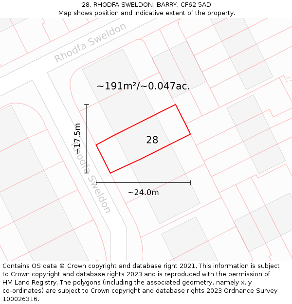 28, RHODFA SWELDON, BARRY, CF62 5AD: Plot and title map