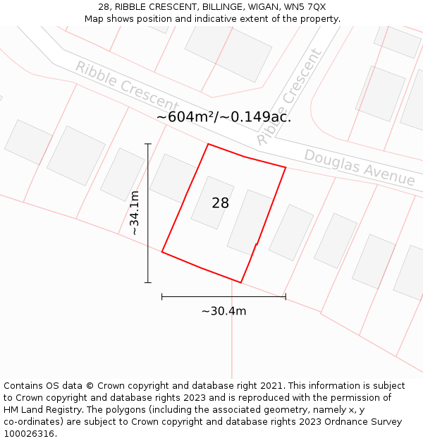 28, RIBBLE CRESCENT, BILLINGE, WIGAN, WN5 7QX: Plot and title map