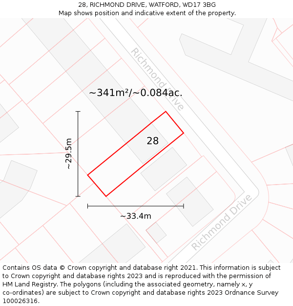 28, RICHMOND DRIVE, WATFORD, WD17 3BG: Plot and title map