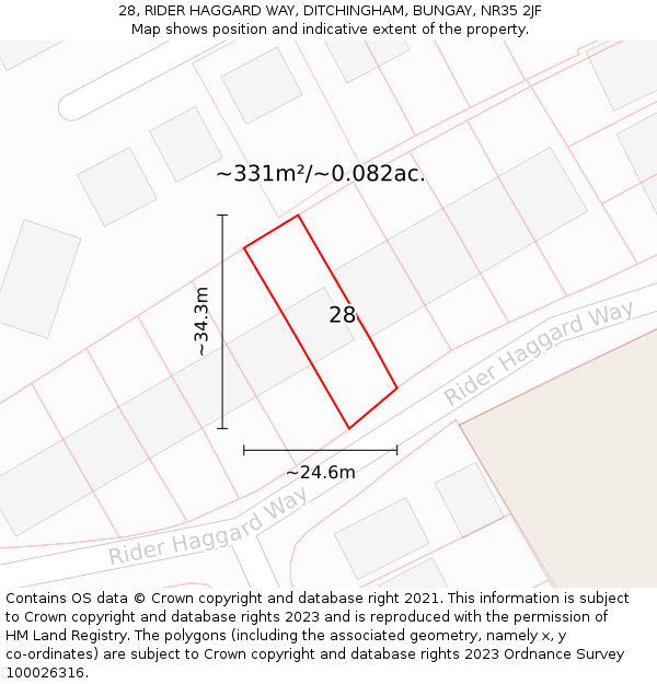 28, RIDER HAGGARD WAY, DITCHINGHAM, BUNGAY, NR35 2JF: Plot and title map