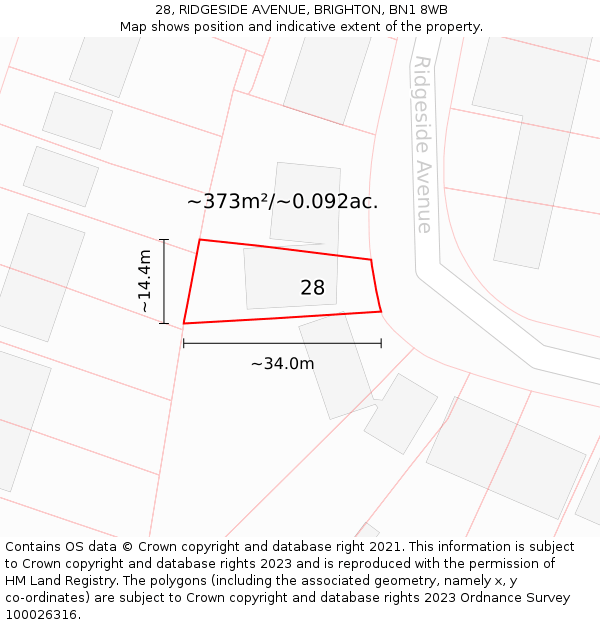 28, RIDGESIDE AVENUE, BRIGHTON, BN1 8WB: Plot and title map