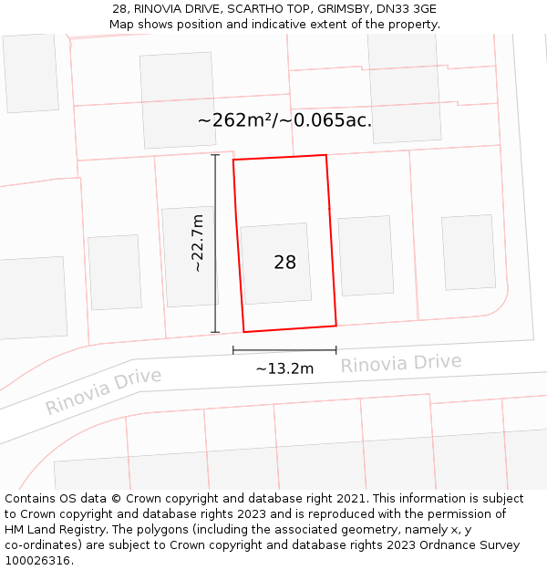 28, RINOVIA DRIVE, SCARTHO TOP, GRIMSBY, DN33 3GE: Plot and title map