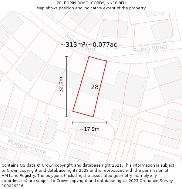 28, ROBIN ROAD, CORBY, NN18 8FH: Plot and title map