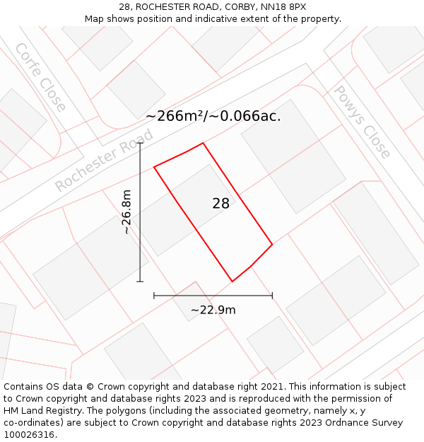 28, ROCHESTER ROAD, CORBY, NN18 8PX: Plot and title map