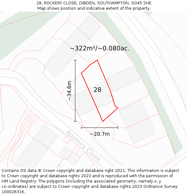 28, ROCKERY CLOSE, DIBDEN, SOUTHAMPTON, SO45 5HE: Plot and title map