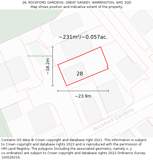 28, ROCKFORD GARDENS, GREAT SANKEY, WARRINGTON, WA5 3QD: Plot and title map