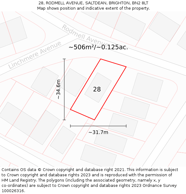 28, RODMELL AVENUE, SALTDEAN, BRIGHTON, BN2 8LT: Plot and title map