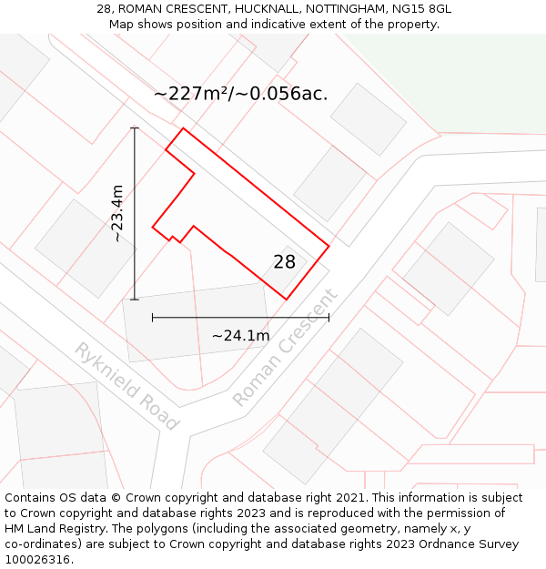 28, ROMAN CRESCENT, HUCKNALL, NOTTINGHAM, NG15 8GL: Plot and title map