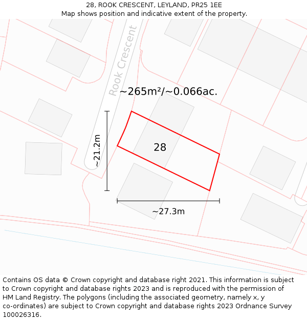 28, ROOK CRESCENT, LEYLAND, PR25 1EE: Plot and title map